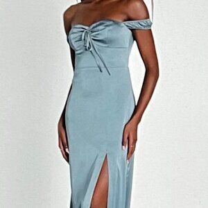 Lulu's Remarkably Dreamy Slate Blue Satin Off-The-Shoulder Maxi Dress Size M